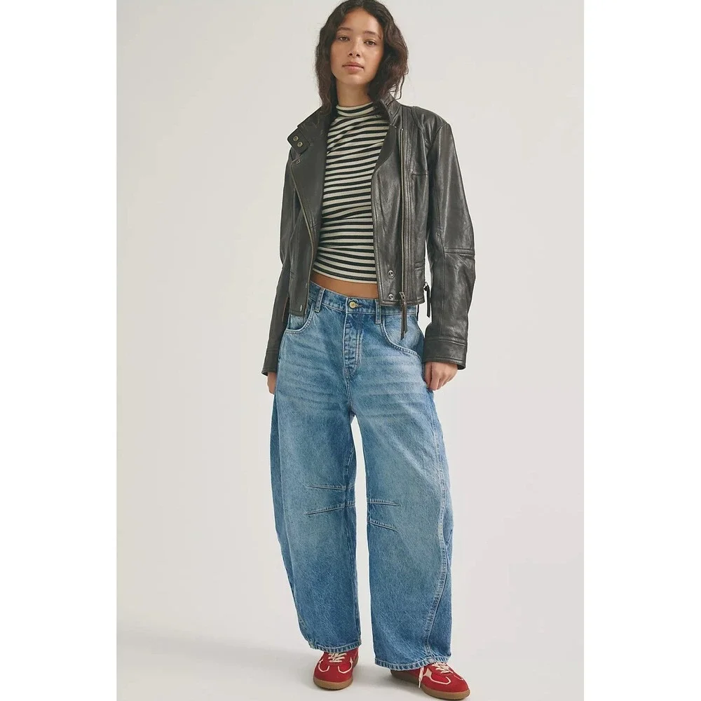 New Free People Good Luck Mid-rise Barrel Jeans Sz 25 Light Beam Jeans Distress